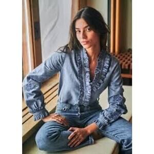 Sezane Blue Ruffled Blouse